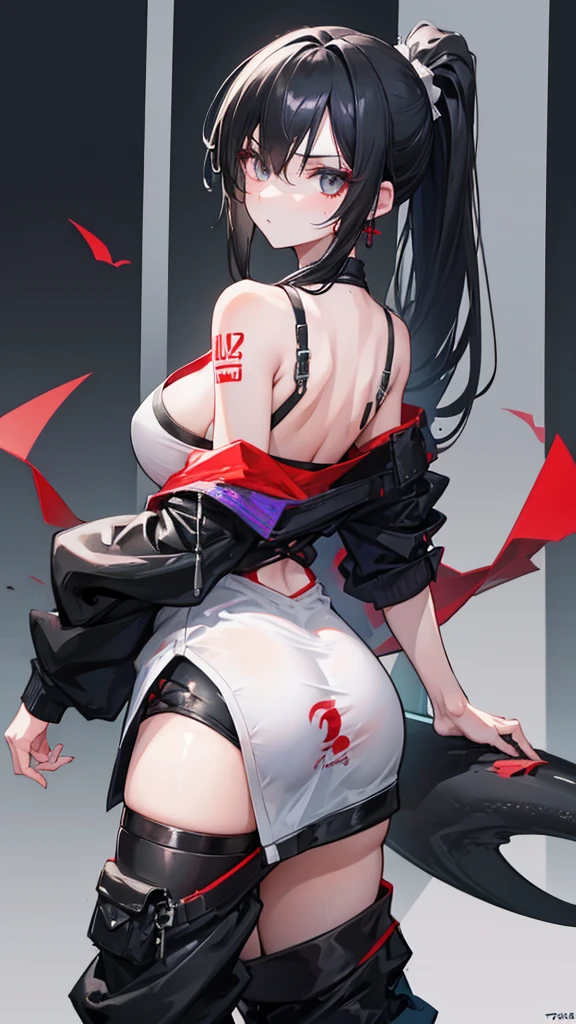 One girl, Jet Black Hair、glossy、ponytail、Tsurime、Gaze, Beautiful woman looking back、Oriental dragon tattoo on shoulder
