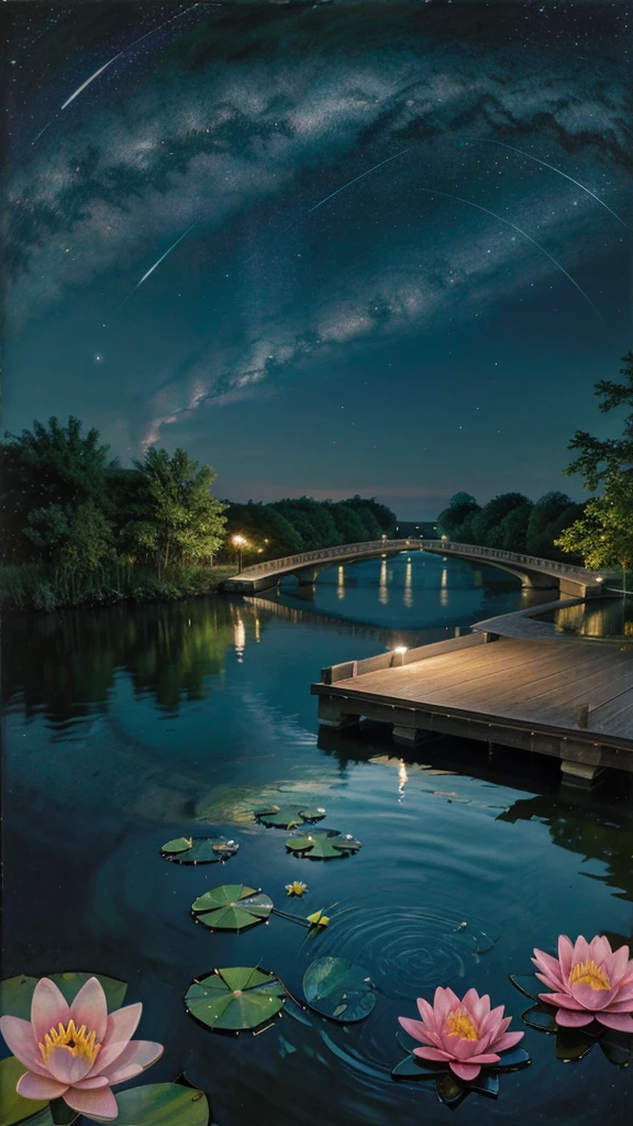 Colored line drawing night tranquil starry sky and lake water, water lily, bridge, highly realistic and detailed painting, crayons, colored pencil