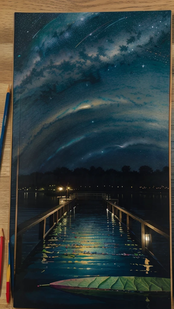 Colored line drawing night tranquil starry sky and lake water, water lily, bridge, highly realistic and detailed painting, crayons, colored pencil