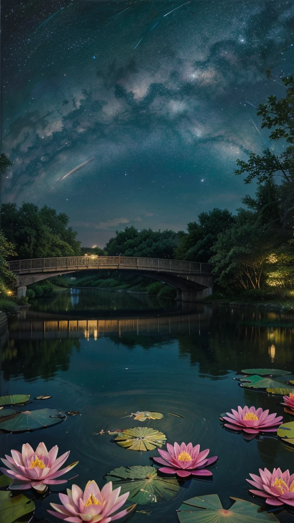 Colored line drawing night tranquil starry sky and lake water, water lily, bridge, highly realistic and detailed painting, crayons, colored pencil