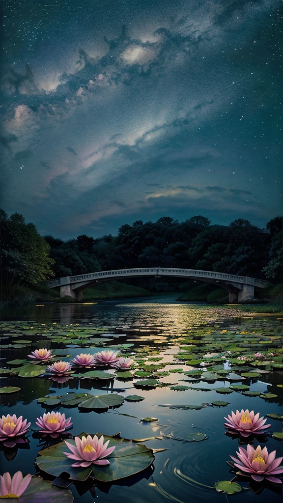 Colored line drawing night tranquil starry sky and lake water, water lily, bridge, highly realistic and detailed painting, crayons, colored pencil