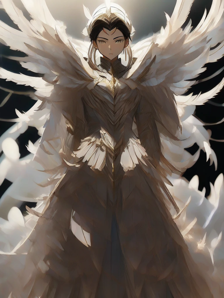 1boy, armor, full body, dark armor, angel wings, many wings, white wings, holding a scimitar, cosmic, masterpiece, high quality, best quality, crystal in chest, beautifull, epic