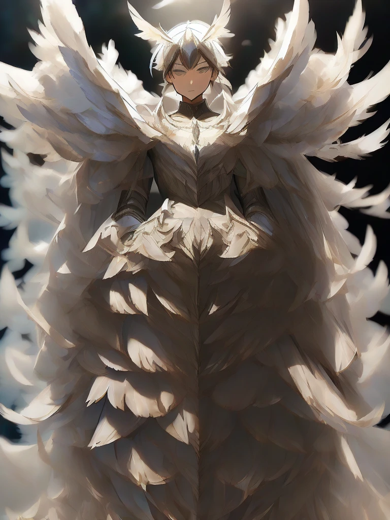 1boy, armor, full body, dark armor, angel wings, many wings, white wings, holding a scimitar, cosmic, masterpiece, high quality, best quality, crystal in chest, beautifull, epic