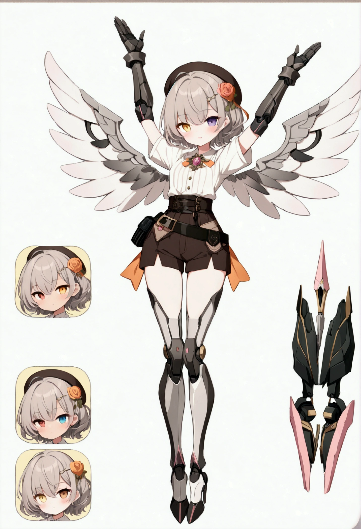 woman 165cm tall, (whole body: 1.5), slim build, , charming look, ((heterocromia: ojo right naranja y ojo izquierdo violeta)), (Shoulder Length Wavy Gray Hair, medium braid on the left side of the hair: 1.2, big open bangs, largo flequillo en el lado izquierdo y right del cabello sobre las mejillas , golden gear hairpin on the left side of the hair: 1.1), (((complex mechanical legs up to the hip, The legs are black with gray parts and small pink details))), (((complex mechanical arms up to the elbows, The arms are black with gray parts and small pink details))), ((a pair of complex white mechanical angel wings with pastel green parts)), (elegant black French beret, orange rose ribbon on the beret: 1.2), (stylish white short sleeve button down shirt, dark brown shorts with straps from the waist, elegant black belt, small rose brooch on shirt collar, beautiful mechanical stilettos), (((full body character design sheet: vista 3/4))), ((Pastel yellow background)), extremely detailed hair, beautiful detailed clothing, extremely detailed arms, extremely detailed face, (Extremely detailed hands), perfect hands, beautiful detailed eyes, beautiful detailed lips, adorable, extremely detailed legs, (Best Quality, 8k, ultra resolution), ultra detailed, Exquisite and epic character art, (Focus on symmetry), (extremely detailed wings), (body position: standing, right, symmetrical), looking at the viewer, small face.