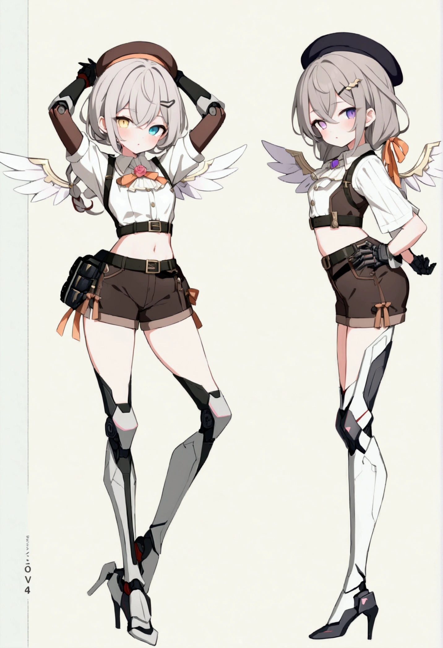 woman 165cm tall, (whole body: 1.5), slim build, , charming look, ((heterocromia: ojo right naranja y ojo izquierdo violeta)), (Shoulder Length Wavy Gray Hair, medium braid on the left side of the hair: 1.2, big open bangs, largo flequillo en el lado izquierdo y right del cabello sobre las mejillas , golden gear hairpin on the left side of the hair: 1.1), (((complex mechanical legs up to the hip, The legs are black with gray parts and small pink details))), (((complex mechanical arms up to the elbows, The arms are black with gray parts and small pink details))), ((a pair of complex white mechanical angel wings with pastel green parts)), (elegant black French beret, orange rose ribbon on the beret: 1.2), (stylish white short sleeve button down shirt, dark brown shorts with straps from the waist, elegant black belt, small rose brooch on shirt collar, beautiful mechanical stilettos), (((full body character design sheet: vista 3/4))), ((Pastel yellow background)), extremely detailed hair, beautiful detailed clothing, extremely detailed arms, extremely detailed face, (Extremely detailed hands), perfect hands, beautiful detailed eyes, beautiful detailed lips, adorable, extremely detailed legs, (Best Quality, 8k, ultra resolution), ultra detailed, Exquisite and epic character art, (Focus on symmetry), (extremely detailed wings), (body position: standing, right, symmetrical), looking at the viewer, small face.