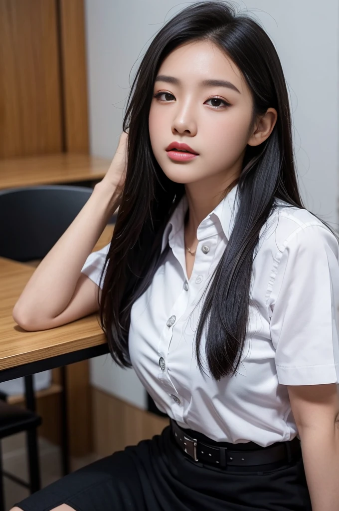 From the side, thai university uniform:1.3,Close ~ eyes:1.2,Open your mouth:1.2,Tired face:1.2,Face of Suffering:1.2,sky face:1.2,sleeping face:1.2、touch your face, masterpiece、beautiful girl、fine 目、puffy eyes、highest quality, High resolution, (reality: 1.4), Cinema Lighting,so beautiful、Beautiful Skin、(super reality)、(High resolution)、(8k)、(Very detailed)、(beautiful and fine 目)、(Very detailed)、 Detailed face、black straight long hair、20-year-old、white short-sleeve button up shirt:1.2, black tight mini skirt:1.2, metal plate modern belt buckle:1.2, metal shirt buttons:1.2, in the dark classroom:1.2, look up:1.2, dark tone:1.2, lying on desk:1.2