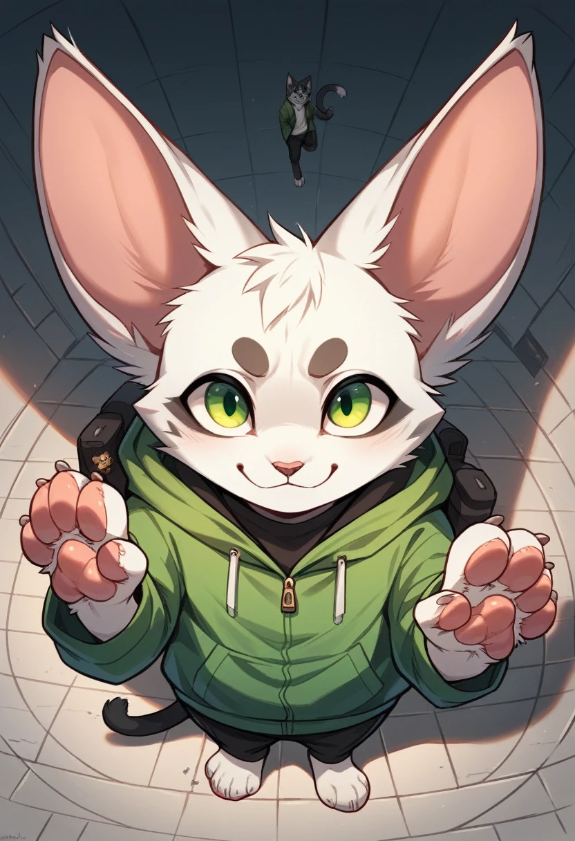 anthro, cat, white fur, green eyes, green jacket, big ears, black tail tip, furry, looking down, Viewers look at, Viewer looks up, smiling, above standing, Macro, Fußfocus, alone, good lighting, Focus on feet, raised foot, Focus on the bottom of the foot, fluffy, furry paws, Paw pads, schwarze Paw pads, stomp something, adult, digigrate