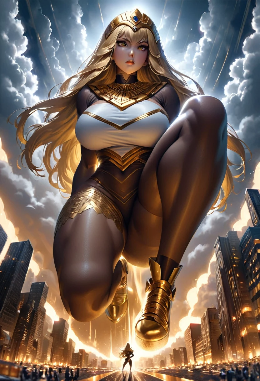 Giantess, White egyptian goddess clothing, gold high heels, toned and athletic body, massive strength, really big breasts, gold eyes, blonde long hair, gold jewellery, gold headpiece, superior expression, standing in the middle of town in a powerful stance, smoke and clouds roil around her, epic scale and drama, dark gloomy lighting, realistic, tense and ominous atmosphere, majestic, powerful, goddess, perspective from below, hand on hip, looking downwards at a s,all human man in work clothing, bending downards to look at POV. Fullbody. 