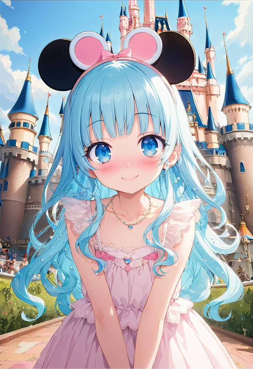 masterpiece, best quality, extremely detailed, (illustration, official art:1.1), 1 girl ,(((( light blue long hair)))), ,(((( light blue long hair)))),light blue hair , , long hair ((blush)) , cute face, big eyes, masterpiece, best quality,(((((a very delicate and beautiful girl))))),Amazing,beautiful detailed eyes,blunt bangs(((( little delicate girl)))),tareme(true beautiful:1.2), sense of depth,dynamic angle,,,, affectionate smile, (true beautiful:1.2),,(tiny 1girl model:1.2),)(flat chest) ,Anime girl wearing Mickey Mouse　sunglasses and a necklace, Anime-style illustrations, Decora style illustrations, Anime atmosphere, Beautiful anime art style, Digital art on pixiv, Anime Graphic Illustration, Colorful illustration, Cute art styleColorful illustration, Winnie the Pooh、Soap bubble、Disneyland、Big Castle
