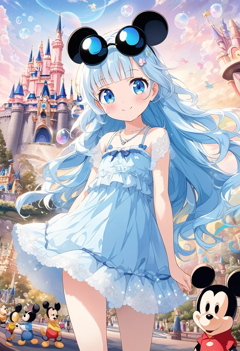 masterpiece, best quality, extremely detailed, (illustration, official art:1.1), 1 girl ,(((( light blue long hair)))), ,(((( light blue long hair)))),light blue hair , , long hair ((blush)) , cute face, big eyes, masterpiece, best quality,(((((a very delicate and beautiful girl))))),Amazing,beautiful detailed eyes,blunt bangs(((( little delicate girl)))),tareme(true beautiful:1.2), sense of depth,dynamic angle,,,, affectionate smile, (true beautiful:1.2),,(tiny 1girl model:1.2),)(flat chest) ,Anime girl wearing Mickey Mouse　sunglasses and a necklace, Anime-style illustrations, Decora style illustrations, Anime atmosphere, Beautiful anime art style, Digital art on pixiv, Anime Graphic Illustration, Colorful illustration, Cute art styleColorful illustration, Winnie the Pooh、Soap bubble、Disneyland、Big Castle
