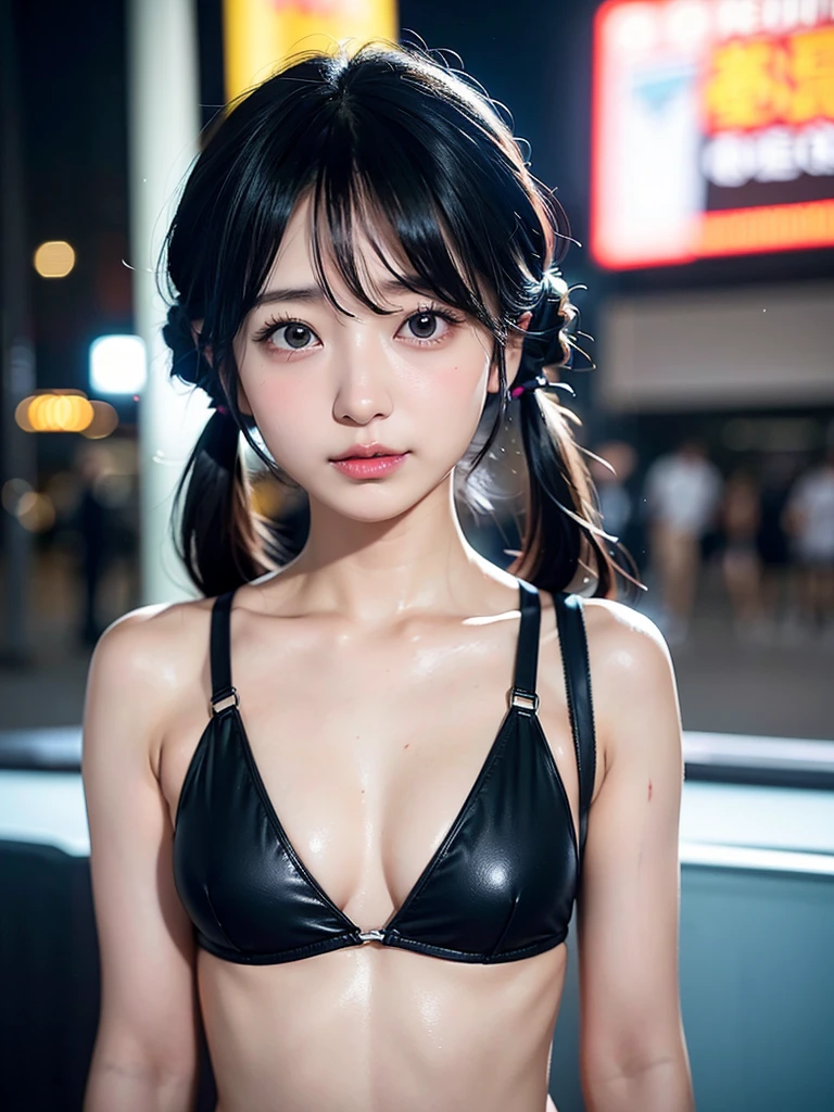 40-year-old Japanese woman、Black Hair、Hair is very short、Twin tails、Hatsune Miku Costume、Headphones、Flat Chest、Realistic photos、Realistic、8K quality、expensive、No bangs、Swimwear、High resolution, Highest quality, Anatomically correct, Winner of numerous awards, Ultra high definition, プールサイド、夜