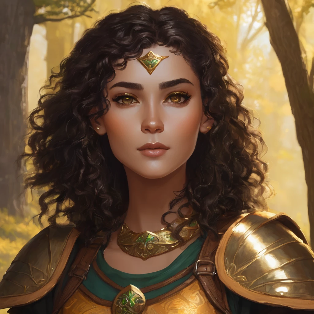 Elf female with dark curly short hair, eyes with amber colors, golden skin. She is a druid, using a very light leather armor and a wooden shield