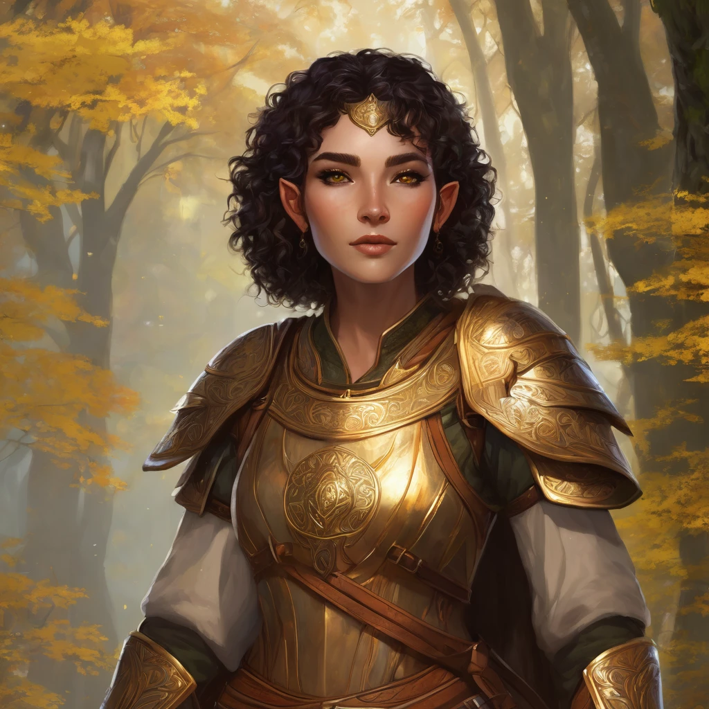 Elf female with dark curly short hair, eyes with amber colors, golden skin. She is a druid, using a very light leather armor and a wooden shield