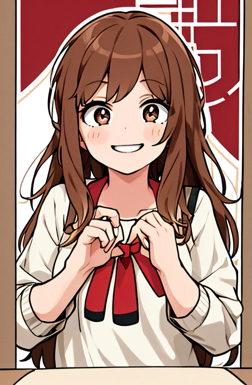 Horikoshi Kouhei, 1 girl, brown hair, brown eyes, cute eyes,long hair, happy.