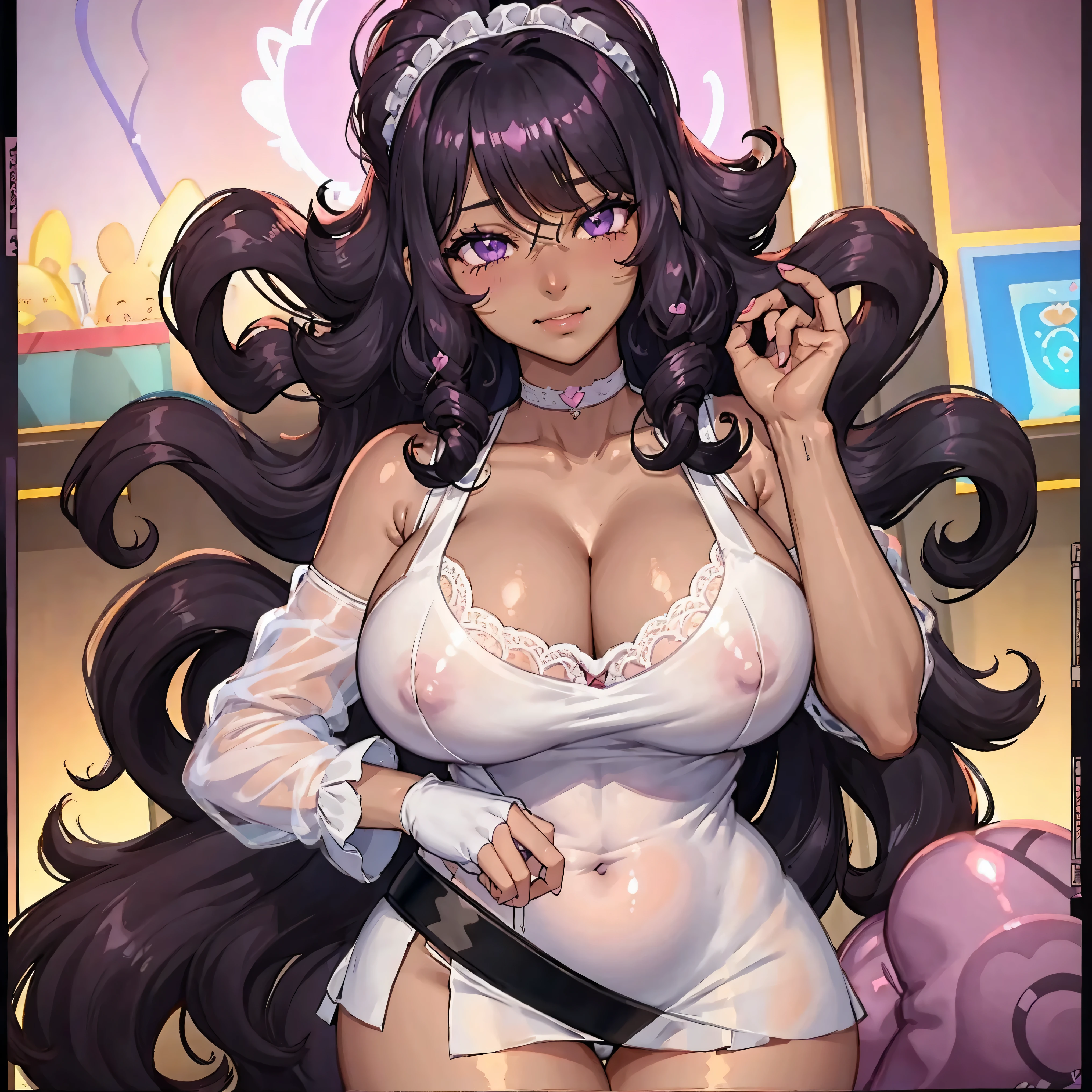  ((bangs)),((((dark-skinned:1.4)))), (long hair), (plump lips), (full lips), (full lips), (oval glasses), solo, (purple hair), ((long hair)), ((((curly hair)))), (huge breasts) ((light purple eyes)), ((siren eyes)), ((cleavage)), ((thick thighs)), ((((wide hips)))), ((thick)), (((curvy))), ((thighhighs)), ((lace)), super detailed, ((indoors)), girl room, ((goth)) room, hearts, ((hearts in the air)), pink hearts, sparkles, ((smiling with her teeth)), light blush, white shirt, ((see-through shirt)), (nipples), ((black skirt)), ((close up))