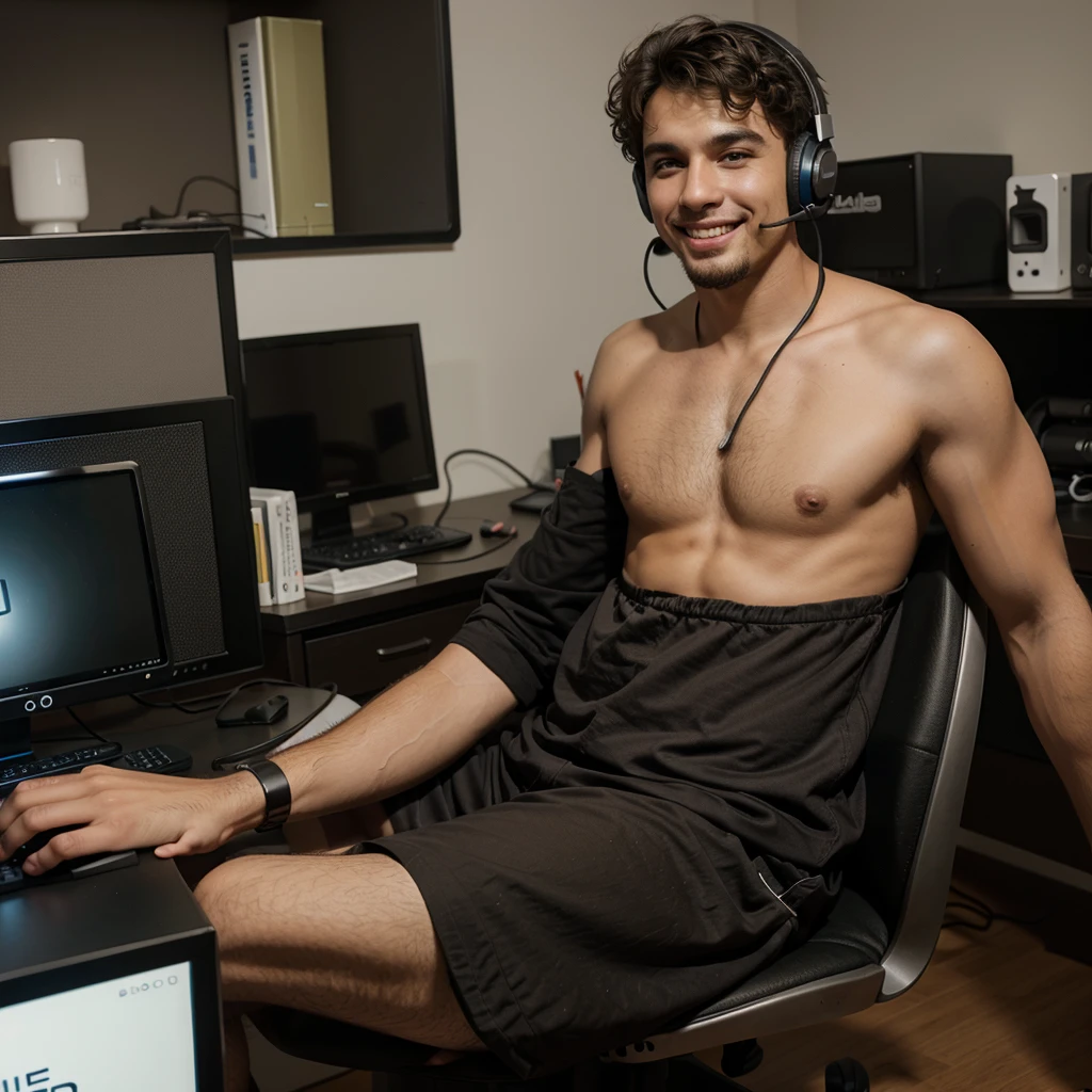 A gamer scenario, Brunette boy, short curly hair, with a goatee, Grinning, wearing a headset, on a computer desk