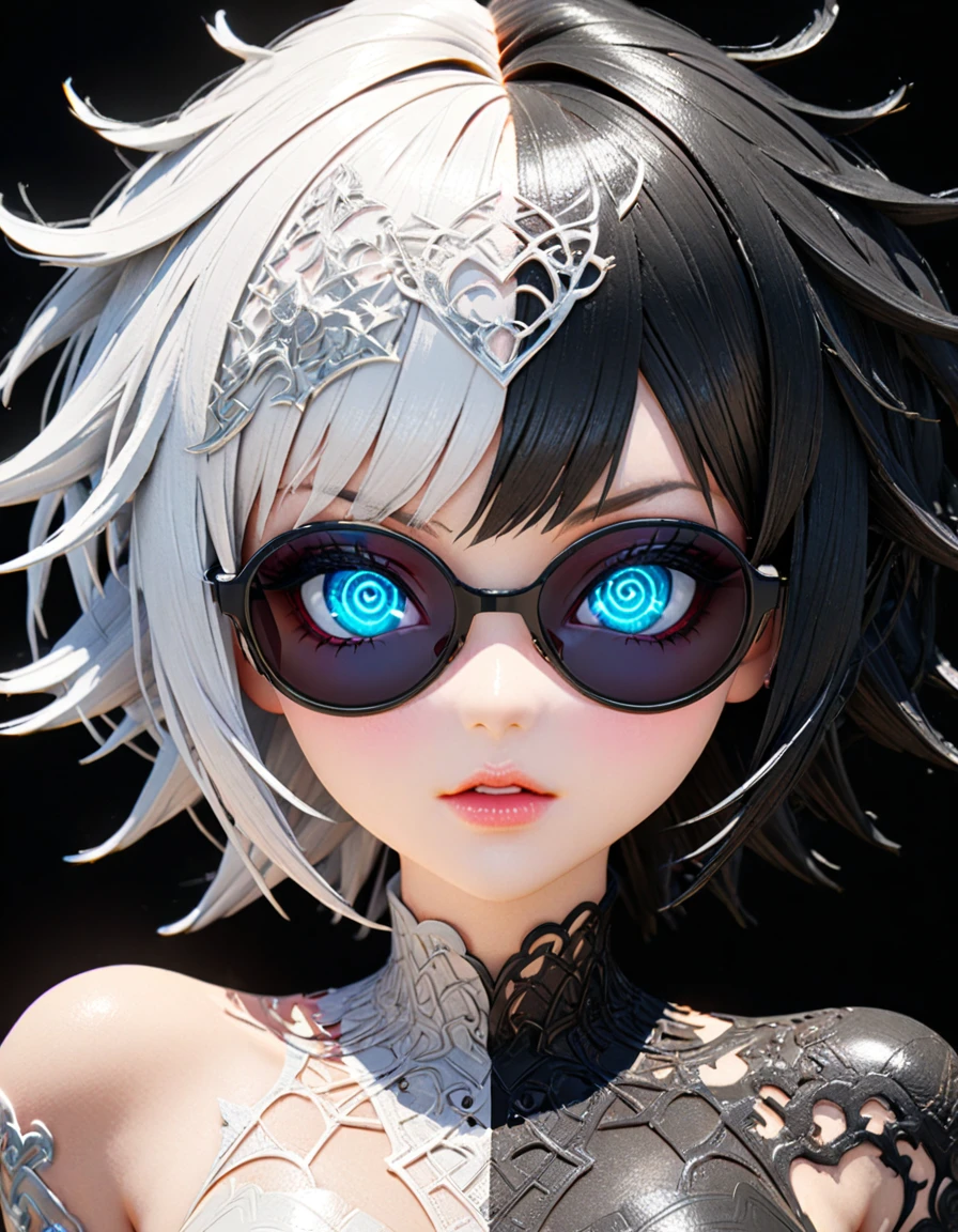 Detailed textures, high quality, high resolution, high accuracy, realism, color correction, correct lighting settings, harmonious composition. Emo goth girl in sunglasses, AddXL (black and white, intricate details, woman with intricate design, anime fantasy in 3DCGI format, necro, skin with detailed neon pattern, abstract fragments, expressive eyes, mixed media, 3D rendering with silver painting, symmetrical beauty, ambient occlusion, psi-trans).