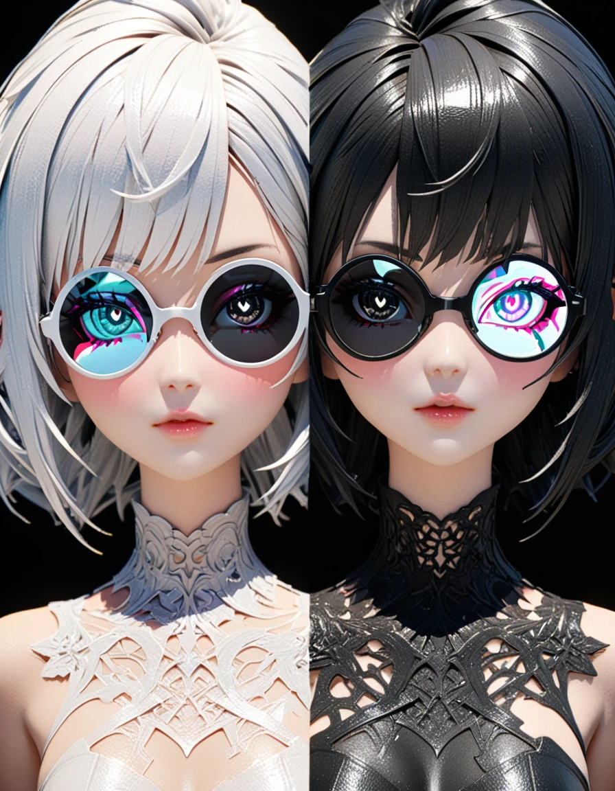 Detailed textures, high quality, high resolution, high accuracy, realism, color correction, correct lighting settings, harmonious composition. Emo goth girl in sunglasses, AddXL (black and white, intricate details, woman with intricate design, anime fantasy in 3DCGI format, necro, skin with detailed neon pattern, abstract fragments, expressive eyes, mixed media, 3D rendering with silver painting, symmetrical beauty, ambient occlusion, psi-trans).
