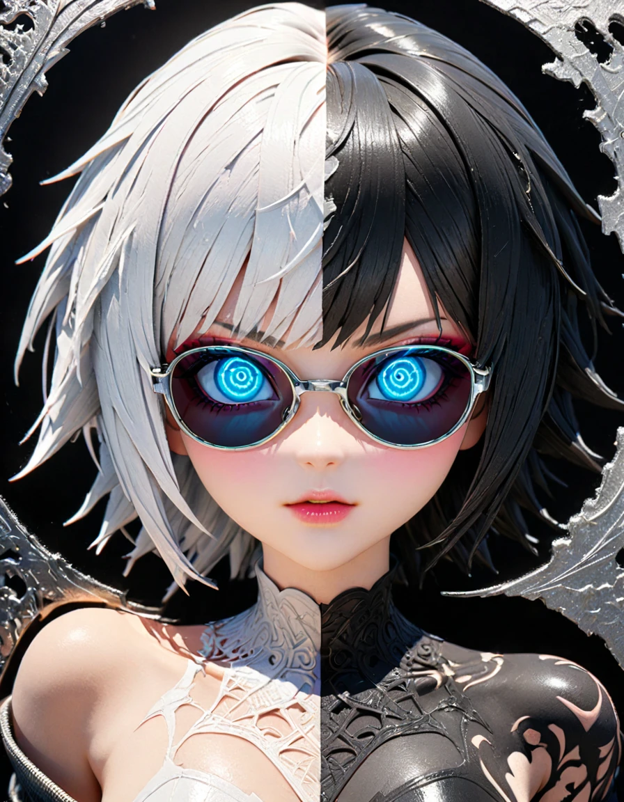 Detailed textures, high quality, high resolution, high accuracy, realism, color correction, correct lighting settings, harmonious composition. Emo goth girl in sunglasses, AddXL (black and white, intricate details, woman with intricate design, anime fantasy in 3DCGI format, necro, skin with detailed neon pattern, abstract fragments, expressive eyes, mixed media, 3D rendering with silver painting, symmetrical beauty, ambient occlusion, psi-trans).