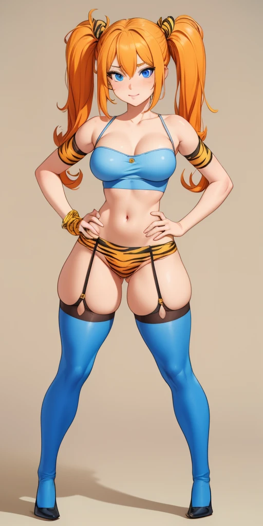 ((Masterpiece, plain background:1,2, masterpiece)) full body standing yellow tiger print stockings, hands on waist, navel (Karane) (blue eyes:1.5) orange hair, hair between eyes, long hair twintails