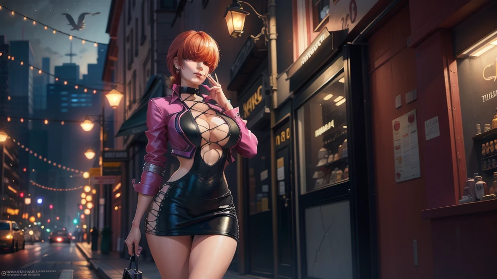 (at night), in a video game scene a background a beautiful city, alone, standing at attention, pink suit, pink jacket, choker, neckline, cut of clothes, earrings, has long bangs in her hair that covers eyes ((hair over eyes)), 1 girl, 20 years old, young woman, beautiful fingers, beautiful long legs, beautiful body, beautiful nose, beautiful character design, perfect face, looking at viewer with serious gesture, se is on a phone call with his phone in hand (focusing on his face), closed mouth, Light_Smile, official art, extremely detailed CG unity 8k wallpaper, perfect lighting, bright and colorful front lighting, glowing skin (masterpiece: 1.0 ), (best_quality: 1.0), ultra high resolution, 4K, ultra detailed photography, 8K, HDR, high resolution, absurd:1.2, Kodak portra 400, film grain, blurred background, bokeh:1.2, lens flare, (vibrant_color :1.2), professional photography, (Beautiful, breasts: 1.4), (beautiful_face: 1.5), (narrow waist),