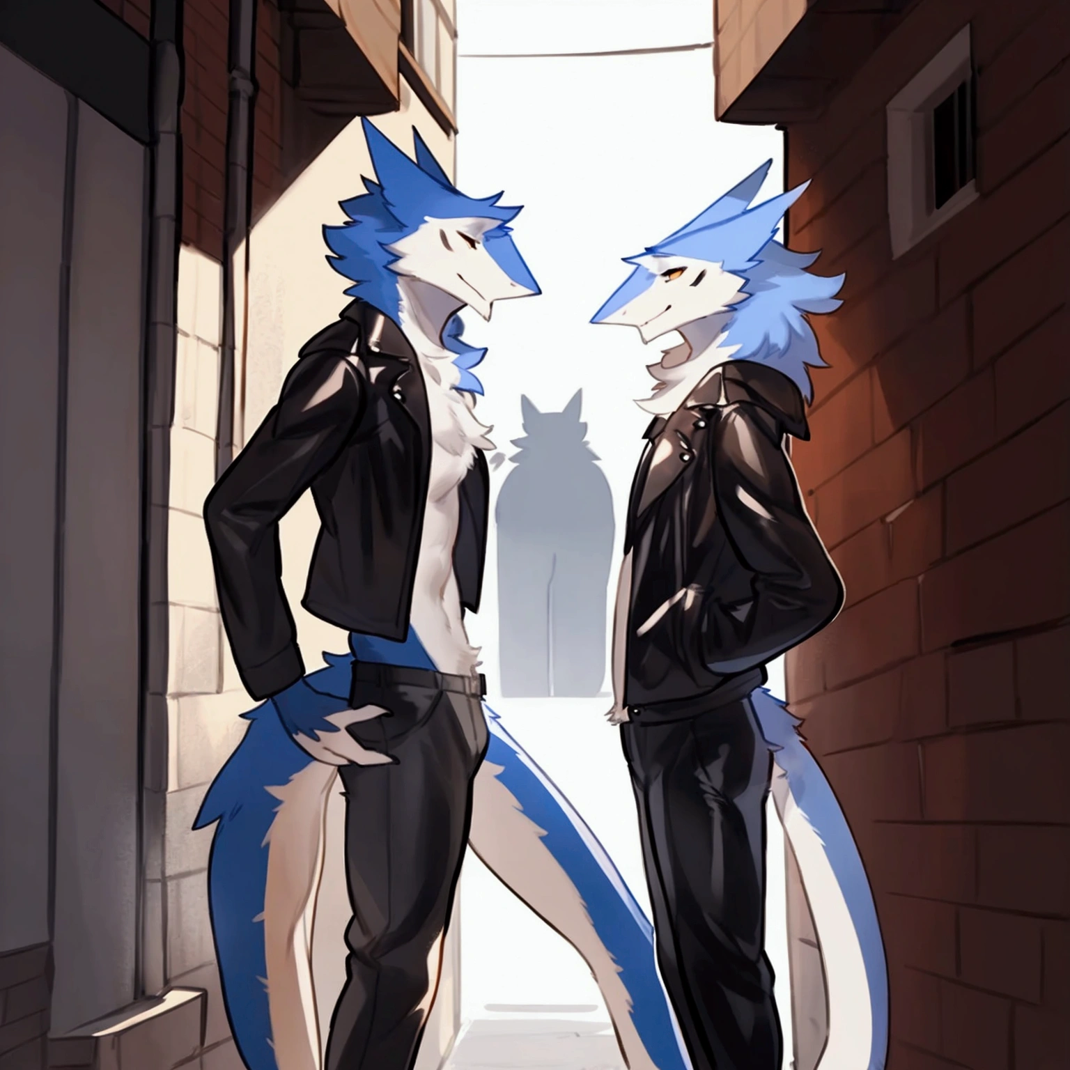 By bebebebebe, by spuydjeks, by buta99, by spikedmauler. an athletic male blue furred sergal with tigerstrip pattern on fur, wearing a leather jacket and in an alleyway