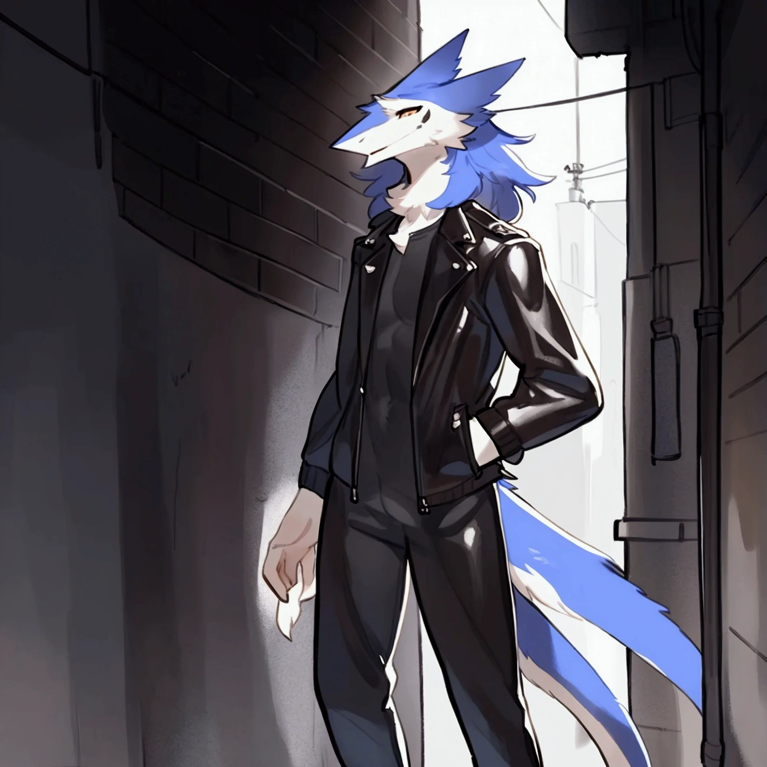 By bebebebebe, by spuydjeks, by buta99, by spikedmauler. an athletic male blue furred sergal with tigerstrip pattern on fur, wearing a leather jacket and in an alleyway