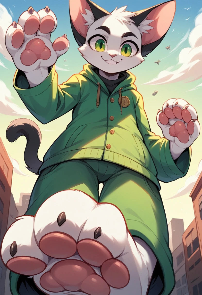 anthro, cat, white fur, green eyes, green jacket, big ears, black tail tip, furry, looking down, Viewers look at, Viewer looks up, smiling, above standing, Macro, Fußfocus, alone, good lighting, Focus on feet, raised foot, Focus on the bottom of the foot, fluffy, furry paws, Paw pads, schwarze Paw pads, stomp something, adult