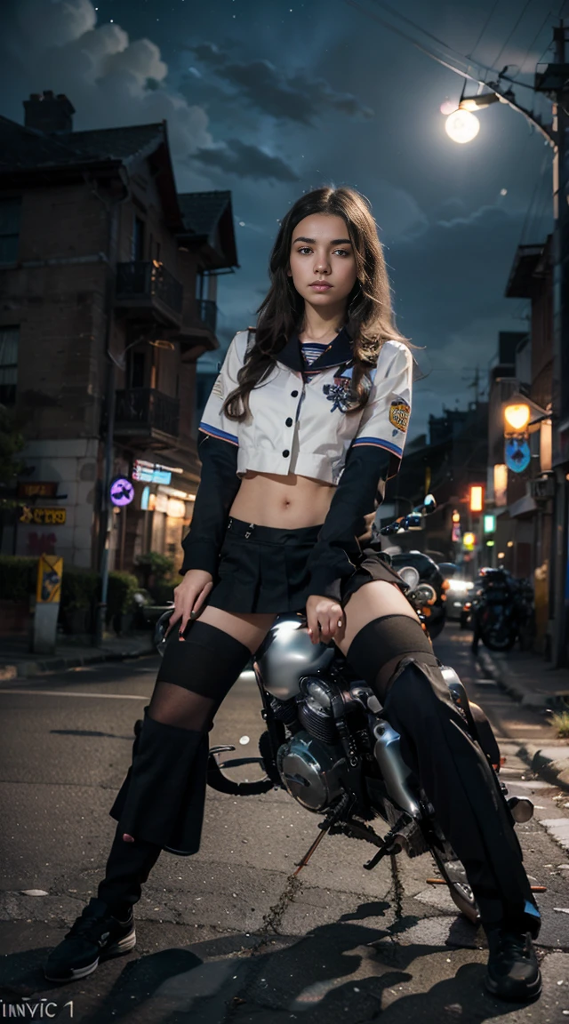 -yeld Wa  posando na frente de uma motocicleta futurista, the motorcycle has skulls and blue flames highly detailed 3D graphics, night scenery with full moon in the background, she is wearing a  White SchoolUniform with 3D skulls and flames and Sailor Miniskirt, Pantyhose, HDR, epic realism, high-octane rendering, obra de arte,