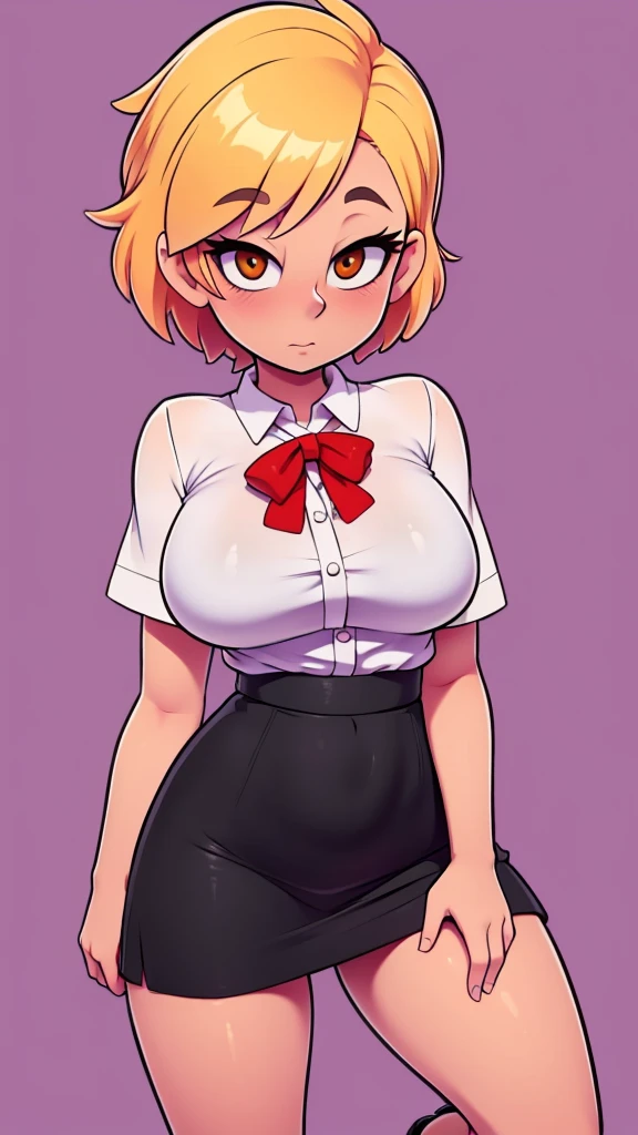  A cute big breasted sexy woman beautiful ash blonde hair round short messy cut her slanted orange eye wears a white blouse under a simple purple shirt and a tight black skirt black heels