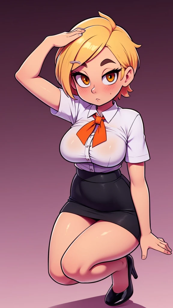  A cute big breasted sexy woman beautiful ash blonde hair round short messy cut her slanted orange eye wears a white blouse under a simple purple shirt and a tight black skirt black heels