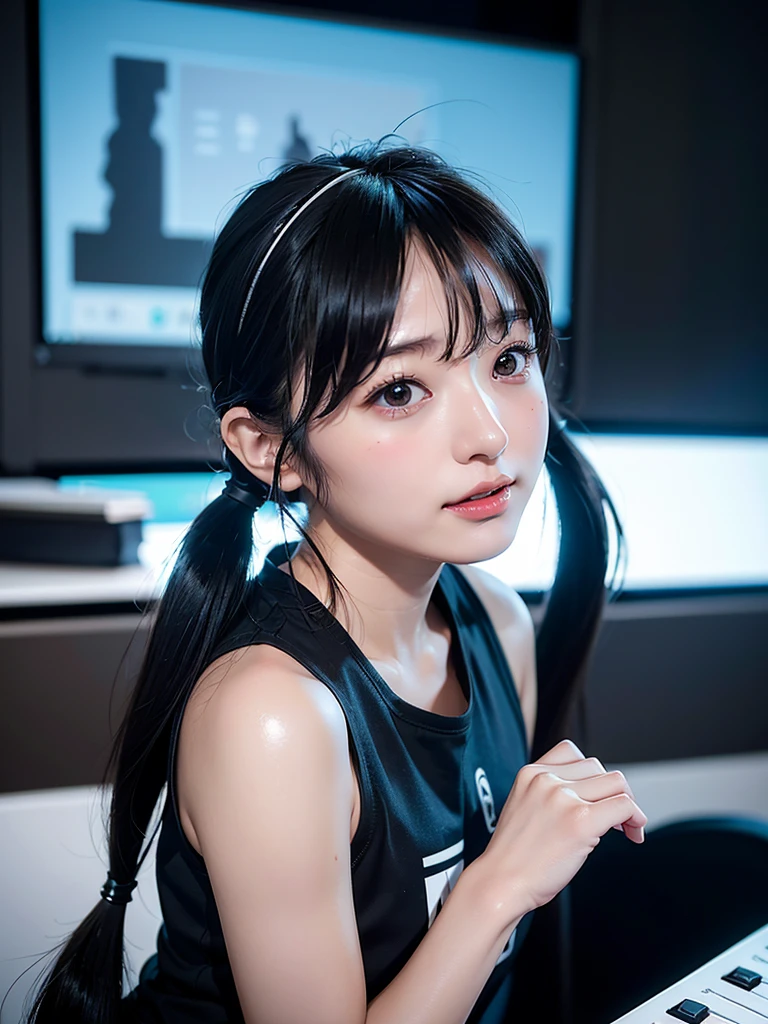 40-year-old Japanese woman、Black Hair、Hair is very short、Twin tails、Hatsune Miku Costume、Headphones、Flat Chest、Realistic photos、Realistic、8K quality、expensive、No bangs、High resolution, Highest quality, Anatomically correct, Winner of numerous awards, Ultra high definition, Live Performance Venues、Playing the keyboard