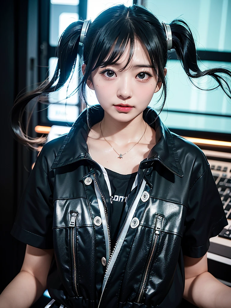 40-year-old Japanese woman、Black Hair、Hair is very short、Twin tails、Hatsune Miku Costume、Headphones、Flat Chest、Realistic photos、Realistic、8K quality、expensive、No bangs、High resolution, Highest quality, Anatomically correct, Winner of numerous awards, Ultra high definition, Live Performance Venues、Playing the keyboard
