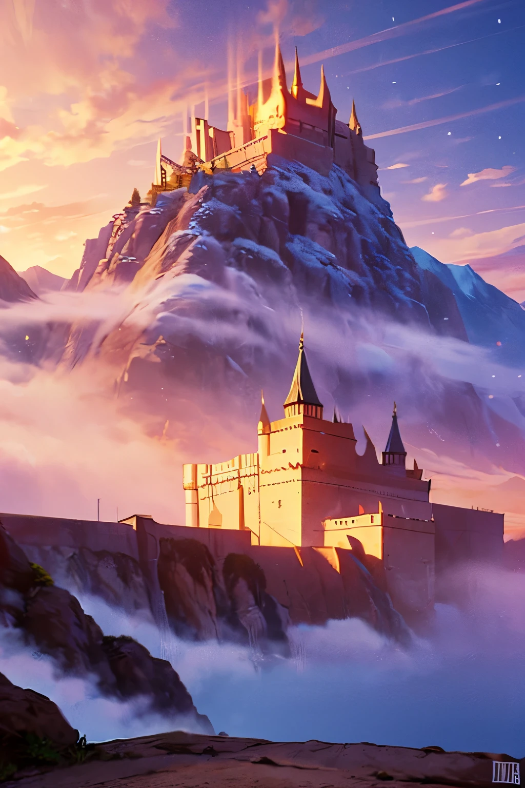 2D Castle Settled Amidst Majestic Mountains at Sunset and Fog
The enchanting 2D castle stands proudly, nestled between the towering mountains, as the sun begins to set, casting a warm golden glow across the landscape. The air is filled with a soft mist, creating an atmosphere of mystery and intrigue. The castle's architecture is intricate and detailed, with turrets reaching towards the sky, and windows that twinkle like diamonds. The drawbridge is lowered, inviting the viewer into a world of magic and adventure. The castle's walls are adorned with banners and flags, fluttering gently in the breeze, while the mountains are sh