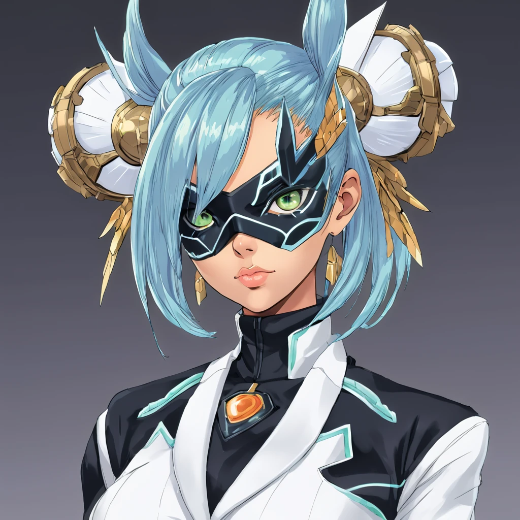 Mikumari \(Xenoblade\)masterpiece, Highest quality, ((1 person)),Blue Hair,Green Eyes,Serious expression, smile,Upper Body,Line art,Medium Hair,White blazer,black t-shirts,Big Breasts,Big bun head,Black mask, expressionless eyes,((Kubo Obito Style))
Detailed face, Face Focus, Are standing, Black Hair,(hair ornaments:1.35),office lady, Sleeves edged with ribbon, Removable sleeves, Ribbon trim, Wide sleeves, (View your viewers:1.5) Long Hair, Iris, bangs, lips,