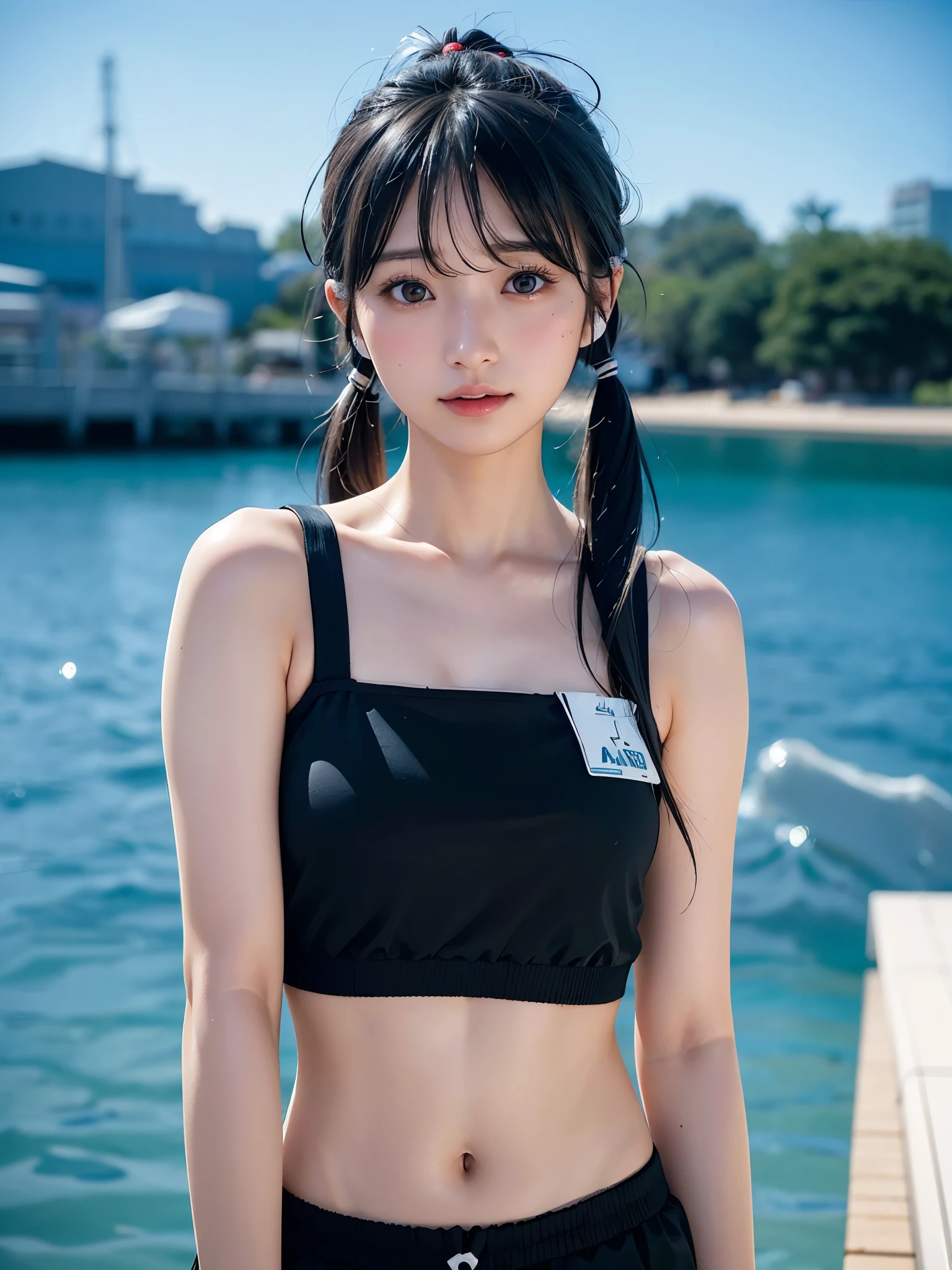 40-year-old Japanese woman、Black Hair、Hair is very short、Twin tails、Hatsune Miku Costume、Headphones、Flat Chest、Realistic photos、Realistic、8K quality、expensive、No bangs、Swimwear、High resolution, Highest quality, Anatomically correct, Winner of numerous awards, Ultra high definition, Night Beach