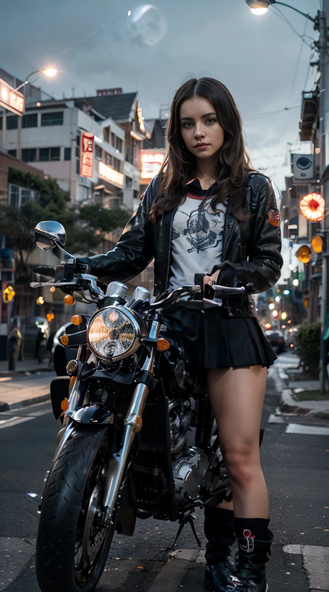 17-year-old Waifu  posando na frente de uma motocicleta futurista, the motorcycle has skulls and blue flames highly detailed 3D graphics, night scenery with full moon in the background, she is wearing a Red SchoolUniform with 3D skulls and flames and Sailor Miniskirt, Pantyhose , HDR, epic realism, high-octane rendering, obra de arte,
