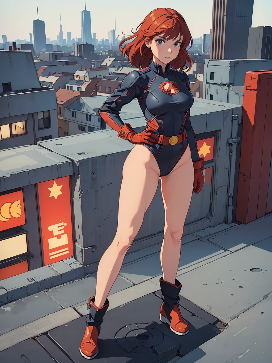 ((Full body shot, standing, feet on the ground)) 1girl, medium breasts, leotard, bare legs, tight belt, boots, matching boots, gloves, city backdrop, solo, single, hands on hip, standing, full body shot, cowboy shot, superhero, beautiful detailed eyes, mature lady, star symbol on chest, red hair, high leg leotard