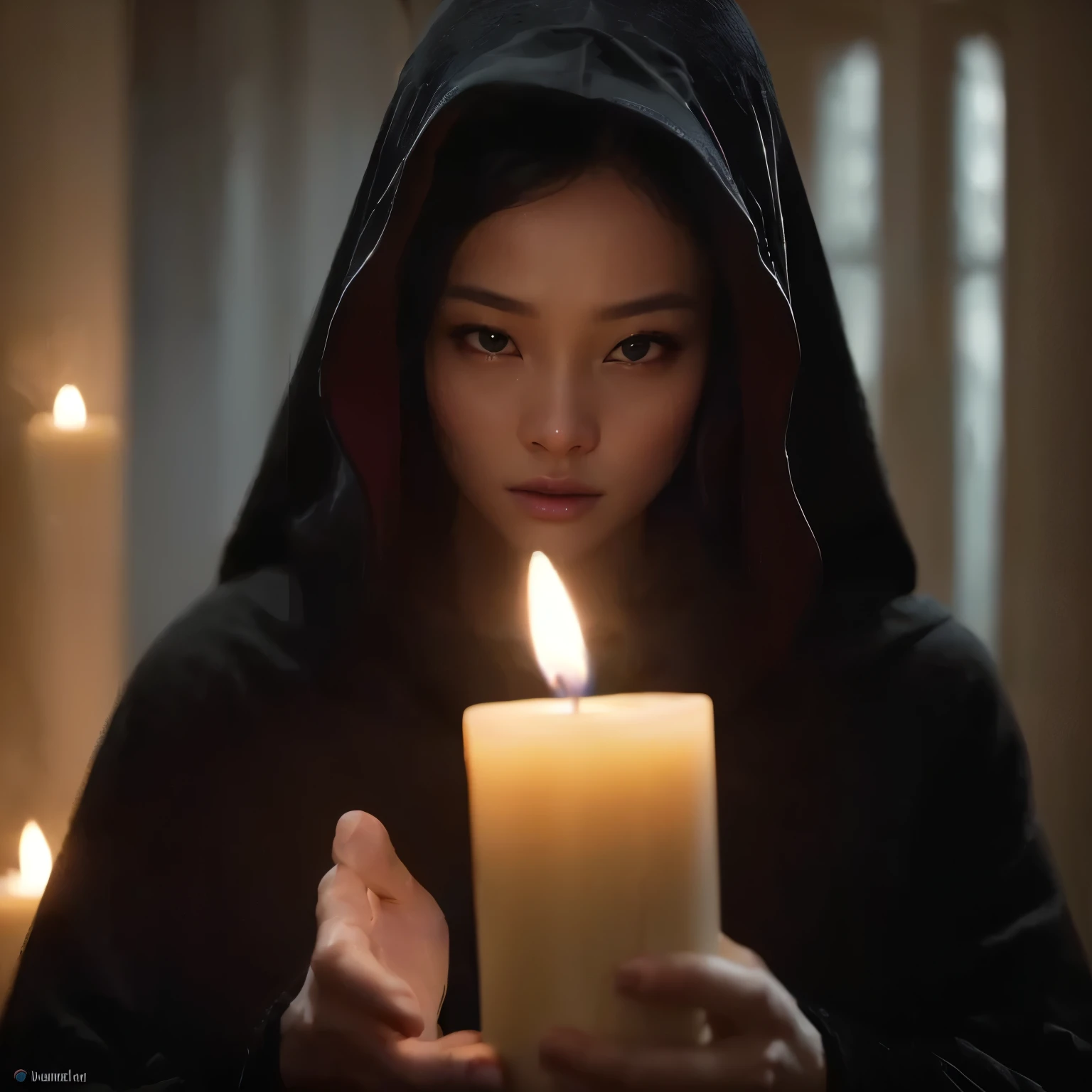 arafed woman in a black hoodie holding a candle in front of her face, holding a candle, candle lighting, movie still 8 k, iu lee ji-eun as a super villain, 8 k movie still, in a room full of candles, cinematic goddess shot, ross tran 8 k, casting an evil spell, candle lit, casting evil spell, young wan angel