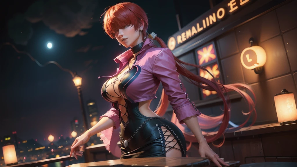(at night), in a video game scene a background a beautiful city, alone, standing at attention, pink suit, pink jacket, choker, neckline, cut of clothes, earrings, has long bangs in her hair that covers eyes ((hair over eyes)), 1 girl, 20 years old, young woman, perfect hands, beautiful fingers, beautiful long legs, beautiful body, beautiful nose, beautiful character design, perfect face, looking at viewer with gesture serious, he is on a phone call with his cell phone in hand (focusing on his face), mouth closed, Light_Smile, official art, extremely detailed CG unity 8k wallpaper, perfect lighting, bright and colorful front lighting, glowing skin (artwork master: 1.0), (best_quality: 1.0), ultra high resolution, 4K, ultra detailed photography, 8K, HDR, high resolution, nonsense:1.2, Kodak portra 400, film grain, background blur, bokeh:1.2, lens flare , (vibrant_color:1.2), professional photography, (Beautiful, breasts: 1.4), (beautiful_face: 1.5), (narrow waist),