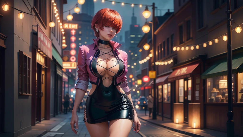 (at night), in a video game scene a background a beautiful city, alone, standing at attention, pink suit, pink jacket, choker, neckline, cut of clothes, earrings, has long bangs in her hair that covers eyes ((hair over eyes)), 1 girl, 20 years old, young woman, perfect hands, beautiful fingers, beautiful long legs, beautiful body, beautiful nose, beautiful character design, perfect face, looking at viewer with gesture serious, he is on a phone call with his cell phone in hand (focusing on his face), mouth closed, Light_Smile, official art, extremely detailed CG unity 8k wallpaper, perfect lighting, bright and colorful front lighting, glowing skin (artwork master: 1.0), (best_quality: 1.0), ultra high resolution, 4K, ultra detailed photography, 8K, HDR, high resolution, nonsense:1.2, Kodak portra 400, film grain, background blur, bokeh:1.2, lens flare , (vibrant_color:1.2), professional photography, (Beautiful, breasts: 1.4), (beautiful_face: 1.5), (narrow waist),
