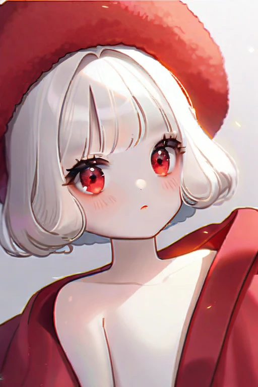 ((Лучшее качество)), ((шедевр)), (подробный), naked girl with white hair, red eyes and small bre