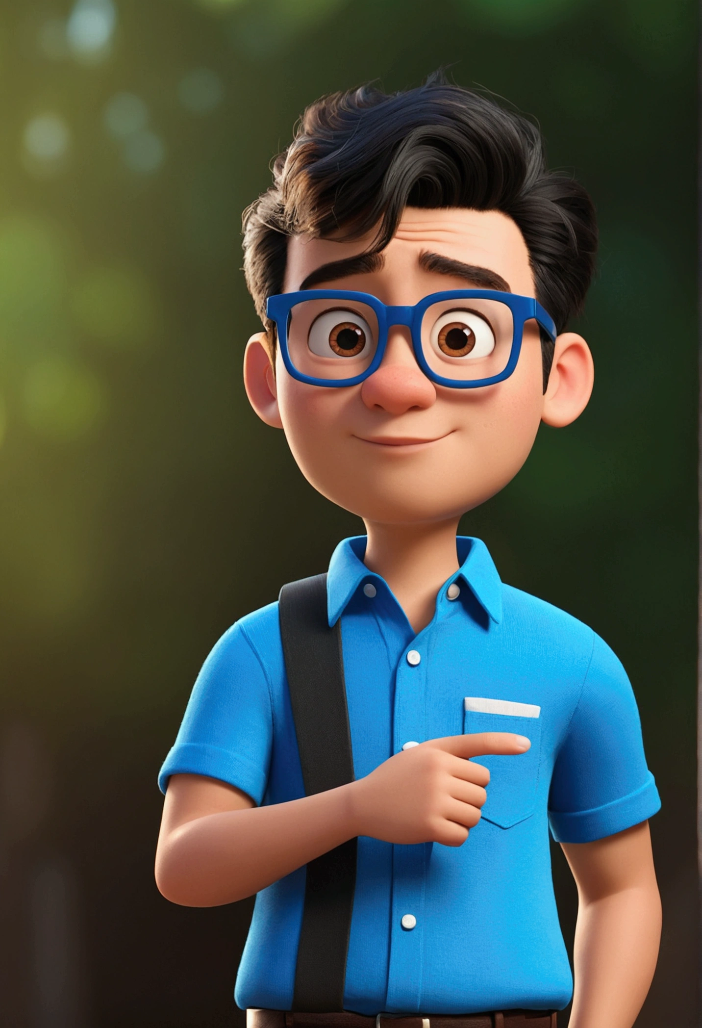 Cartoon character of a man in black glasses and blue shirt, an animated character, stylized character, animation style rendering, 3d stylized, Arnold Maya rendering, Stylized 3D rendering, toon render screenshot, 3d character, 3d character, Stylized 3D rendering, 3D character rendering, cartoon character, Personagem de close up, character posing, (Pixar-style) (master part:1.2) (bokeh) (best qualityer) (skin detailed) (detailed texture) (8k) (Argilla) (cinematic lighting) (sharp focus,Sit down and lift your upper body