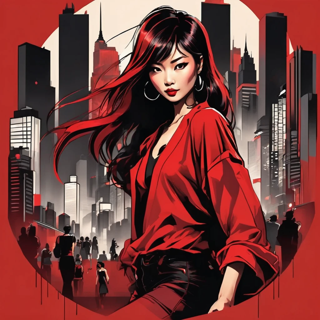 Fashion T-shirt, Super attractive Asian female characters, Nightlife cityscape, Bold red and black color palette, Silky hair texture, contemporary illustration style, Glamorous Perspective T-shirtDesignAF