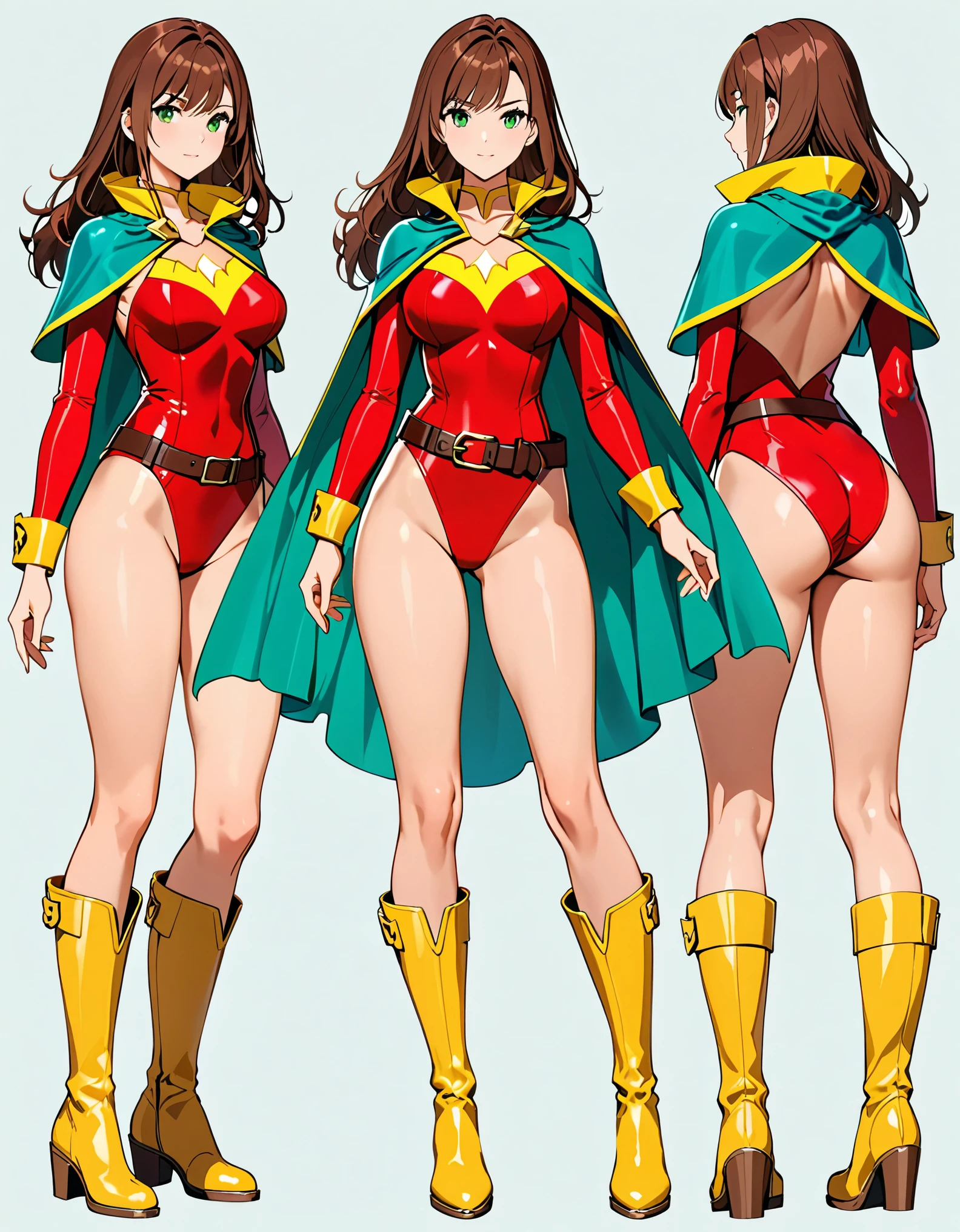 (masterpiece), (best quality), (high res), 1lady, tall body, beautiful detailed eyes, beautiful detailed face, perfect hands, complete fingers, perfect anatomy, perfect proportions, ((brown hair, medium hair, hair down)), ((green eyes)), (leotard, matching leotard), ((red leotard, belt, tight belt, bare legs)), ((boots, matching boots, knee-high boots, yellow boots)), breasts, medium breasts, (full body portrait), looking at viewer, solo, solo focus, standing, (blue sleeves, yellow cuffs), (yellow hawk (symbol) on the chest), (medium cape, (cyan cape)), full body costume design. Simple background, Multiple Views, Character Sheet Full-Length.