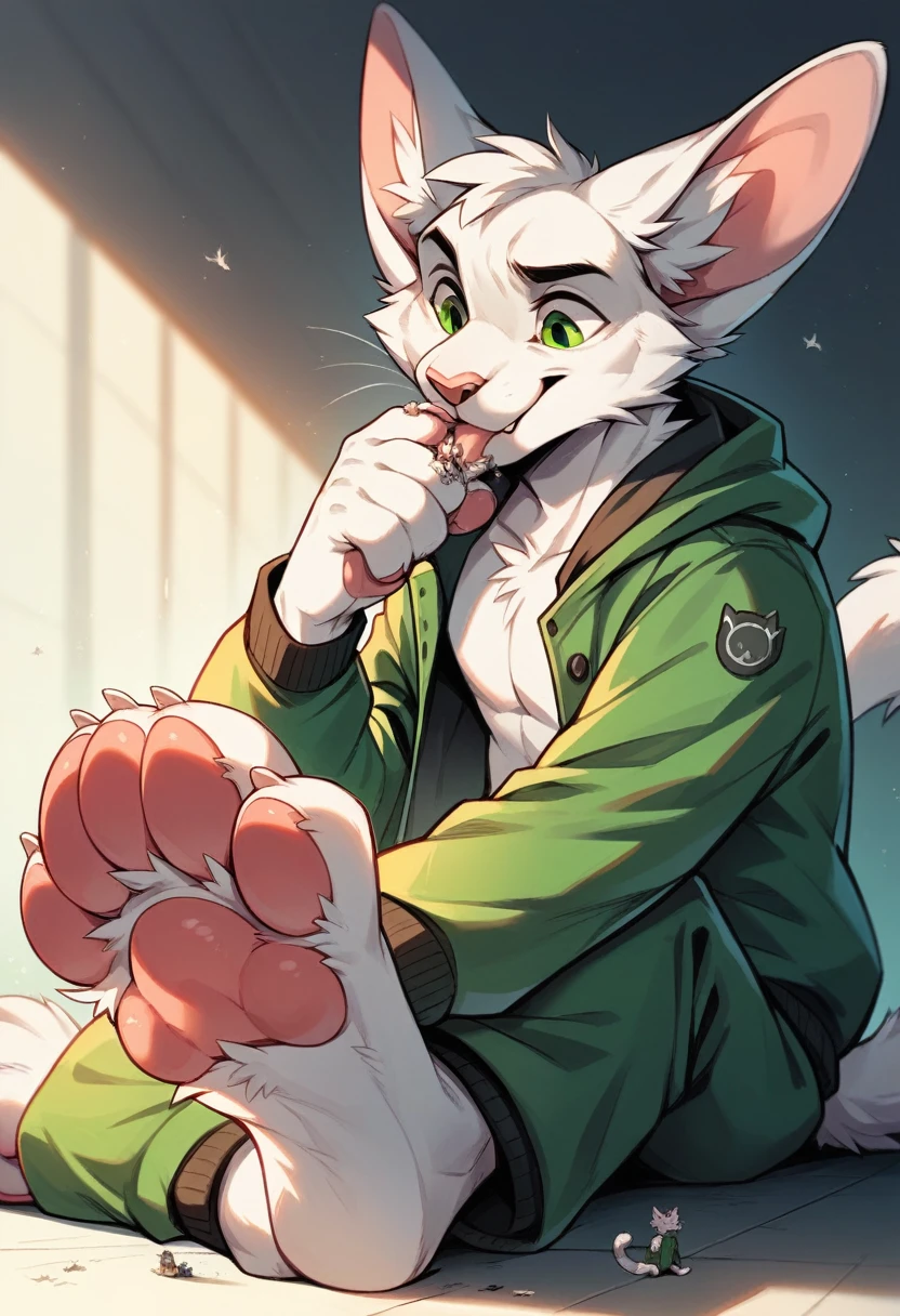 anthro, cat, white fur, green eyes, green jacket, big ears, Macro, Fußfocus, alone, good lighting, Focus on feet, Sit, licks a foot, fluffy, pelzig paws, Paw pads, schwarze Paw pads, 