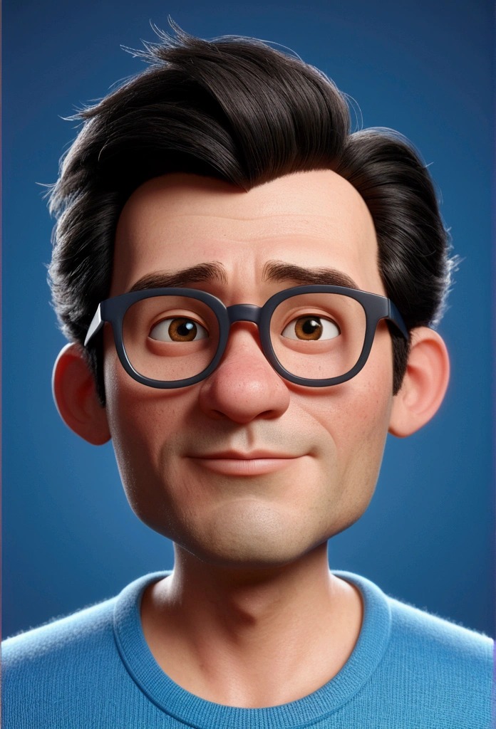 Cartoon character of a man in black glasses and blue shirt, an animated character, stylized character, animation style rendering, 3d stylized, Arnold Maya rendering, Stylized 3D rendering, toon render screenshot, 3d character, 3d character, Stylized 3D rendering, 3D character rendering, cartoon character, Personagem de close up, character posing, (Pixar-style) (master part:1.2) (bokeh) (best qualityer) (skin detailed) (detailed texture) (8k) (Argilla) (cinematic lighting) (sharp focus，Sit down and lift your upper body