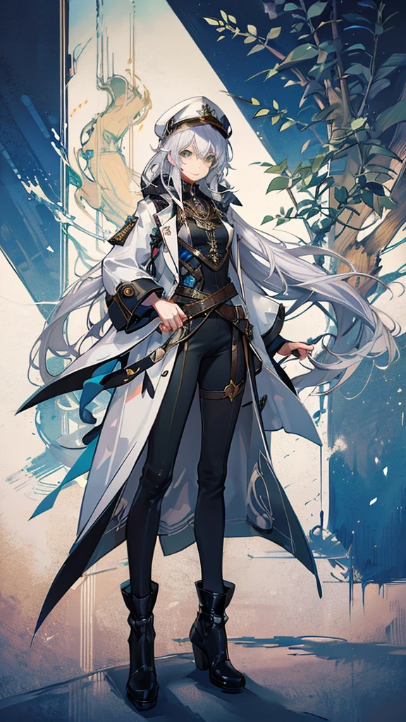 One girl, (masterpiece), Highest quality, Silver Hair, Semi-long hair, Green Eyes, smile, (low length), (Young), Steampunk costumes, Put on a white coat, Magical atmosphere, White Wings, Newsboy cap with goggles, High resolution
