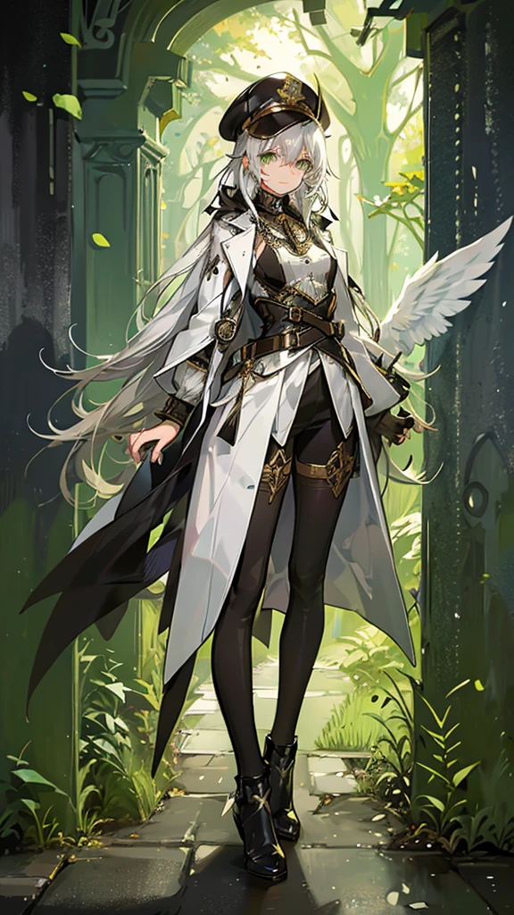 One girl, (masterpiece), Highest quality, Silver Hair, Semi-long hair, Green Eyes, smile, (low length), (Young), Steampunk costumes, Put on a white coat, Magical atmosphere, White Wings, Newsboy cap with goggles, High resolution
