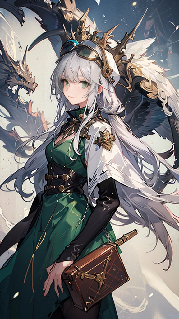 One girl, (masterpiece), Highest quality, Silver Hair, Semi-long hair, Green Eyes, smile, (low length), (Young), Steampunk costumes, Put on a white coat, Magical atmosphere, White Wings, Newsboy cap with goggles, High resolution